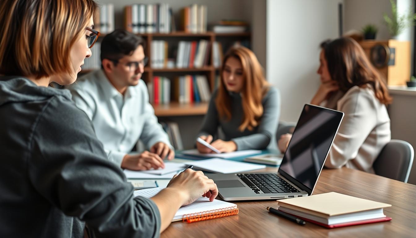 Students studying together in modern classroom